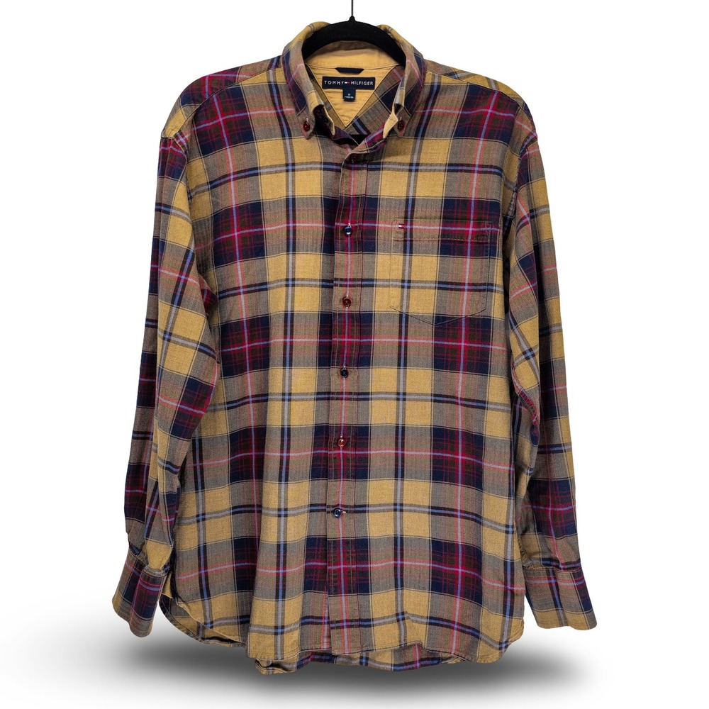 Tommy Hilfiger Plaid Button Down Shirt Mens Size Medium Mustard Yellow Excellent